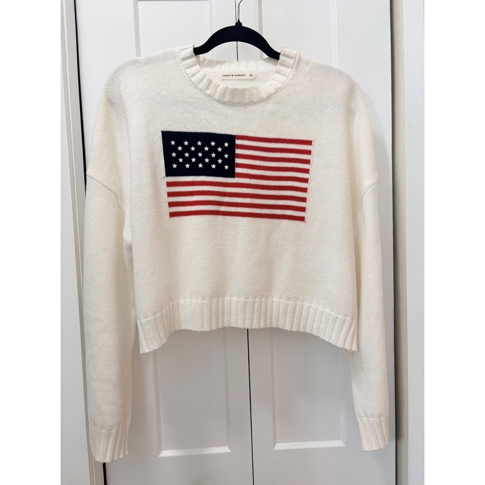 American Flag Cropped Knit Sweater White Medium Patriotic